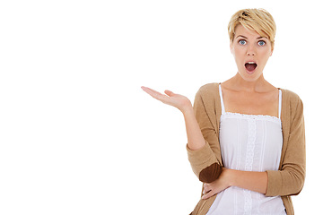 Image showing Woman, portrait and surprise with palm on mockup space for advertising on a white studio background. Female person or blonde in shock, fashion or casual clothing for deal, marketing or special offer