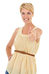 Image showing Happy woman, portrait and thumbs up for good job, winning or success on a white studio background. Female person, model or blonde smile with like emoji, yes sign or OK for approval, fashion or style