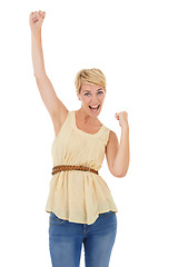 Image showing Happy woman, portrait and fist pump for winning, promotion or good news on a white studio background. Young female person, model or blonde smile for achievement, celebration or deal on mockup space