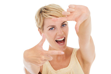 Image showing Happy woman, portrait and hands framing face for photography on a white studio background. Young female person or model smile and posing in frame for photo, picture or capture moment on mockup space