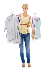 Image showing Woman, fashion and thinking for choice of clothing in decision or selection on a white studio background. Female person, model or blonde in wonder or picking garment or outfit for style on mockup