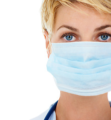 Image showing Woman, doctor and mask for protection from virus in studio, medicare and compliance by white background. Medical professional, healthcare and pandemic or safety ppe for disease and bacteria or flu