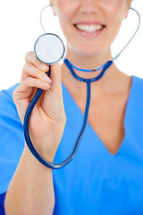 Image showing Woman, doctor and stethoscope for heartbeat and cardiovascular health in studio by white background. Medical professional, healthcare and equipment for career, care and listening tool for lung test