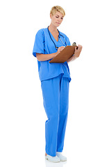 Image showing Doctor, nurse and writing with documents in studio for medical checklist, assessment and consultation. Professional or healthcare woman with notes, clipboard or clinic services on a white background