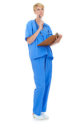 Image showing Woman, nurse thinking and documents in studio for medical research, assessment or clinic checklist. healthcare worker or doctor with service solution, clipboard and paperwork on a white background