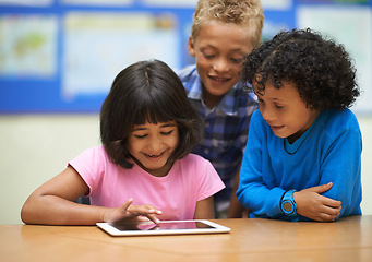 Image showing Students, children on tablet and school for online education, e learning and website or information in group. Happy kids in diversity with digital technology for knowledge and classroom development