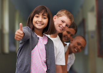 Image showing Children, student and thumbs up at school for learning success, education achievement and thank you. Group portrait of kids and girl with like, yes and vote or feedback for knowledge and support