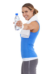 Image showing Woman, fitness portrait and water bottle in studio for health, wellness and training on a white background. Happy person or sports model giving liquid for gym energy, workout and exercise challenge