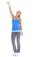 Image showing Health, measuring tape and portrait of woman in a studio for exercise, training or workout. Sports, smile and young happy female person with equipment for weight loss isolated by white background.