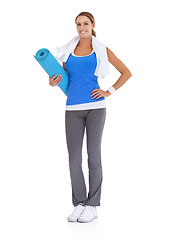 Image showing Yoga mat, sports and portrait of woman in studio for health, body or pilates workout. Fitness, towel and happy young female person with equipment for exercise or training isolated by white background