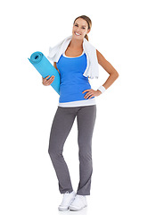 Image showing Yoga mat, health and portrait of woman in studio for health, body or pilates workout. Sports, towel and happy young female person with equipment for exercise or training isolated by white background.