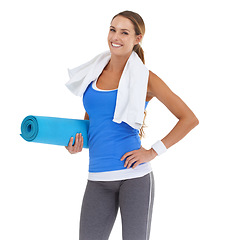 Image showing Yoga mat, fitness and portrait of woman in studio for health, body or pilates workout. Sports, towel and happy young female person with equipment for exercise or training isolated by white background