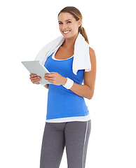 Image showing Woman, fitness and tablet in studio for workout, training or wellness results, data or information on a white background. Portrait of a happy, sports model with digital technology for exercise blog