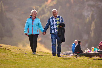 Image showing Elderly couple strolling through the breathtaking beauty of nature, maintaining their vitality and serenity, embracing the joys of a health-conscious and harmonious lifestyle