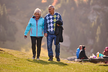 Image showing Elderly couple strolling through the breathtaking beauty of nature, maintaining their vitality and serenity, embracing the joys of a health-conscious and harmonious lifestyle