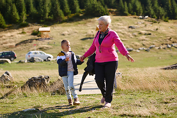 Image showing Elderly grandmother and her grandchild share a leisurely stroll through nature, enveloped in the beauty of their surroundings, fostering a bond that transcends generations