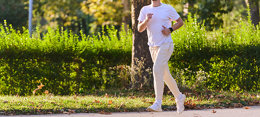 Image showing A handsome man maintains his healthy lifestyle as he runs along beautiful natural trails, embodying the essence of fitness, wellness, and vitality in the midst of scenic outdoor surroundings.