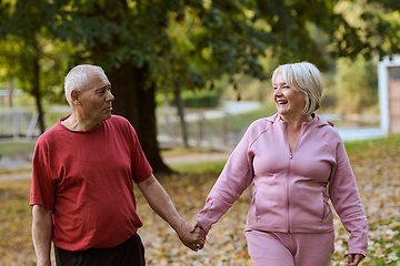 Image showing Elderly couple strolling through the breathtaking beauty of nature, maintaining their vitality and serenity, embracing the joys of a health-conscious and harmonious lifestyle