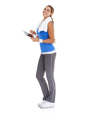 Image showing Woman, fitness and tablet in studio portrait for health data or results of workout, exercise and training progress. Sports model with digital technology for wellness website on a white background