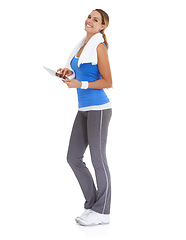 Image showing Woman, exercise and tablet in studio portrait for health data or results of workout, fitness and training progress. Sports model with digital technology for wellness website on a white background