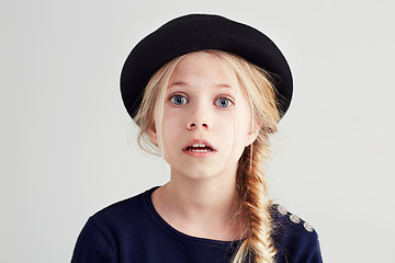 Image showing Portrait, shock and child with announcement of gossip, fake news and secret in studio mockup. Fashion, face and young girl with surprise with omg emoji expression and notification by white background