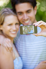 Image showing Selfie, photography or happy couple on social media in nature to relax together on holiday vacation. Smile, woman or man in picture or photo for bonding with love, support or hug on an online post