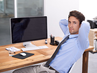 Image showing Businessman, portrait and relaxing by computer screen, company and feedback on report in workplace. Male professional, technology and face for connection, internet and entrepreneur by mockup space