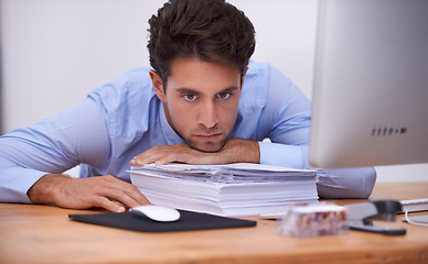 Image showing Businessman, documents and stress at desk in office with burnout, mental health and deadline. Entrepreneur, person and frustrated with paperwork at workplace for overwork, anxiety and career fail