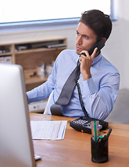 Image showing Business man, phone call and contact on telephone in workplace, conversation and consulting in office. Businessperson, professional and communication or discussion, technology and connection for info