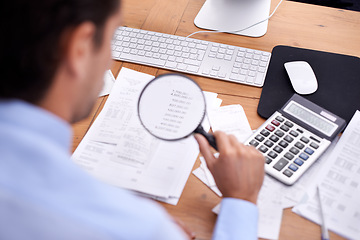 Image showing Finance, businessman and magnifying glass in office with bookkeeper career, budget and bills planning. Entrepreneur, person and accounting with rear view for asset management, expenses and investment