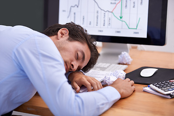 Image showing Business man, sleeping and accountant or tired at desk, professional and dream in workplace. Businessperson, nap and exhausted in office or rest, computer screen and stress for stock market or lazy