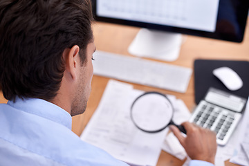 Image showing Finance, businessman and magnifying glass in office with accounting career, budget and bills planning. Entrepreneur, person and bookkeeper with rear view for asset management, expenses and investment