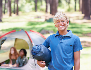 Image showing Sleeping bag, camping or portrait of kid in nature playing, adventure or holiday vacation in park. Relax, start or happy child with smile in woods, garden or forest reading for fun hiking or wellness