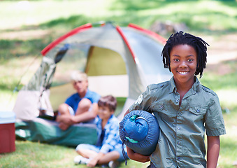 Image showing Sleeping bag, camping or portrait of African kid in nature on adventure or holiday vacation in park. Happy, start or boy with smile in forest, garden or woods ready for fun hiking, travel or wellness