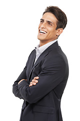 Image showing Businessman, arms crossed and smile for job, confident and professional on white studio background. Man, young and ready for career, entrepreneur and employer for startup, mockup space and corporate