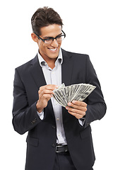 Image showing Business man, money fan and investment with smile, reward or salary bonus with financial advisor for savings on white background. Accounting, corporate investor and cash in studio for finance