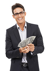 Image showing Business man, cash fan and investment in portrait, reward or salary bonus with financial advisor for savings on white background. Accounting, corporate investor and money in studio for finance