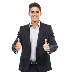 Image showing Business man, thumbs up in portrait and feedback in studio, yes vote or review with like emoji on white background. Corporate professional, communication and success with hand gesture for agreement