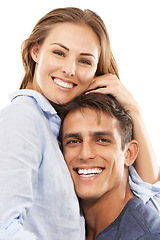 Image showing Happy couple, portrait and hug for love, care or compassion in trust or embrace on a white studio background. Handsome man and woman smile for romance, affection or relationship together on mockup