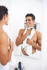 Image showing Man, shower and towel after washing in mirror, cleaning and skincare or smile for beauty. Male person, bathroom and wellness in morning routine, reflection and grooming or self care and joy at home