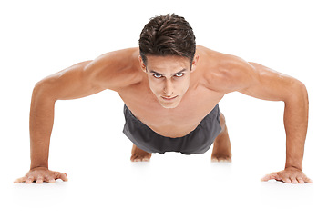 Image showing Man, portrait and push up or fitness in studio, core and cardio workout for muscle development. Male person, athlete and face by white background, bodybuilding and performance challenge or exercise