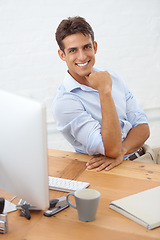 Image showing Happy man, computer or portrait with confidence at office with pride for career ambition or opportunity. Smile, business person or male employee with hand on chin at workplace, desk or table for job