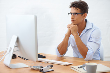 Image showing Web design, thinking or man with computer at office reading information for project or solution. IT support, business or employee programming with news or research online at workplace or desk on pc