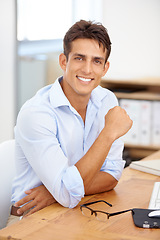 Image showing Happy businessman, relax or portrait with confidence at office with pride for career ambition. Smile, manager or male employee with job opportunity at workplace, desk or table for a corporate company