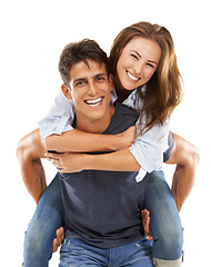 Image showing Happy couple, portrait and hug on piggyback for love, care or compassion on a white studio background. Handsome man and young woman smile for romance, affection or fun relationship together on mockup