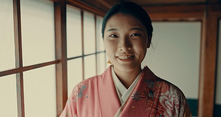 Image showing Ceremony, portrait and Japanese woman in kimono in Chashitsu room with traditional fashion. Vintage, style and girl with pride or happiness for ancient culture and smile in indigenous clothes