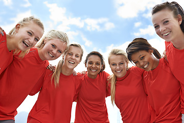 Image showing Team, women and smile with sport portrait for support, celebration or solidarity with blue sky and low angle. Collaboration, athlete and people or happy outdoor for fitness, exercise and competition
