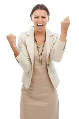 Image showing Excited woman, portrait and celebration for winning, bonus or promotion on a white studio background. Happy female person, business employee or fist pump in joy for deal, promo or special increase