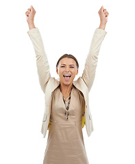 Image showing Happy woman, celebration and fist pump in winning, bonus or promotion on a white studio background. Excited young female person or business employee in joy for deal offer, promo or special increase