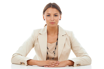 Image showing Portrait, business and woman with career, confident employee and worker isolated on a white studio background. Face, person and media consultant with startup, assertive and positive attitude